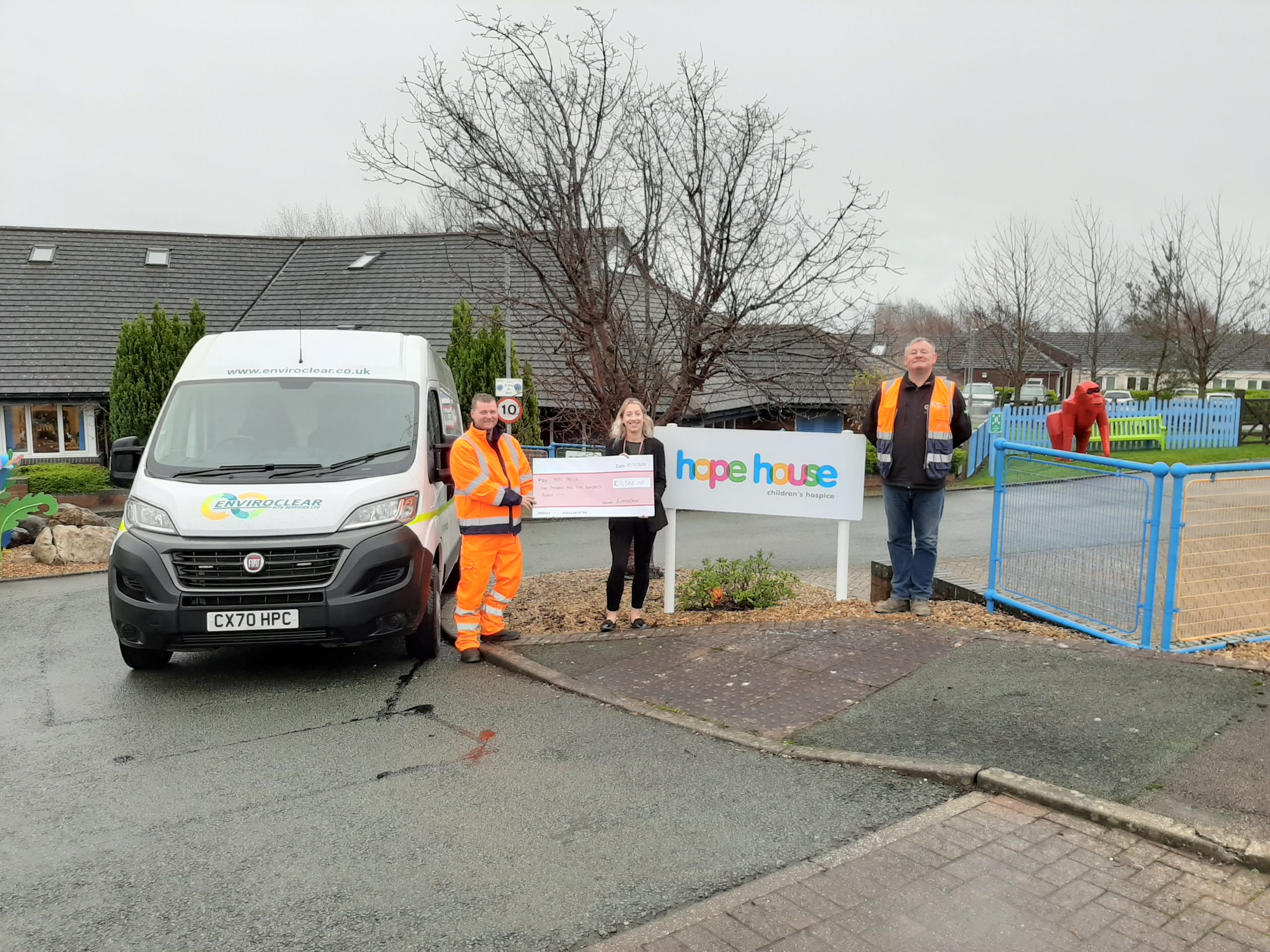 The check was handed over to Hope House staff by our drainage industrial manager David Dean and our disab driver Adam Bolton (holding the check).  We donated £1,500
